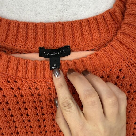 Talbots Sweater Womens Medium Orange Cotton Pointelle Open Knit Raglan Crewneck - Picture 4 of 8